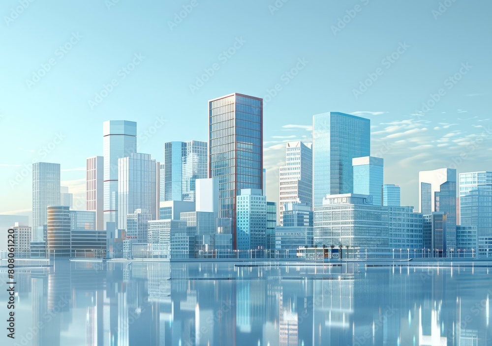 Fototapeta premium A cityscape with a river in the foreground and a clear blue sky