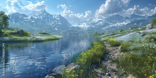 Mountains, lake and flowers photo