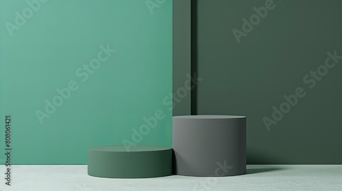 An artistic composition highlighting the interplay of light and shadow on minimalist design objects  featuring serene green tones and clean geometric forms for product showcase