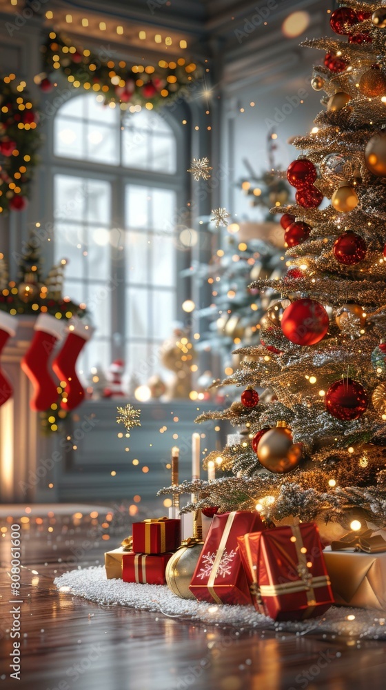 Christmas tree in a living room with presents under it and a fireplace in the background Christmas tree in a living room with presents under it and a fireplace in the background