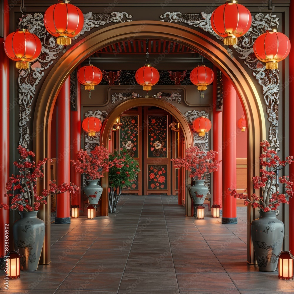 Chinese style courtyard with red lanterns and flower vases