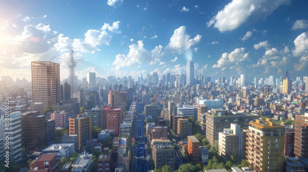 Obraz premium A cityscape of a large city with many skyscrapers and a blue sky