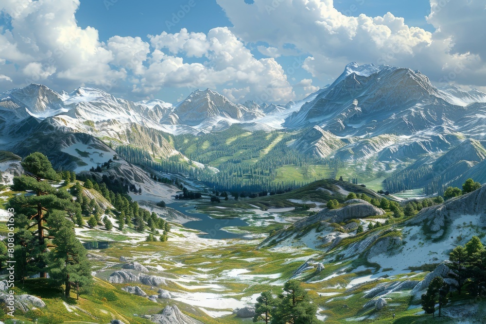 A beautiful landscape of snow-capped mountains and a valley with a river running through it