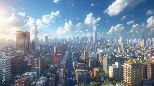 A cityscape of a large city with many skyscrapers and a blue sky