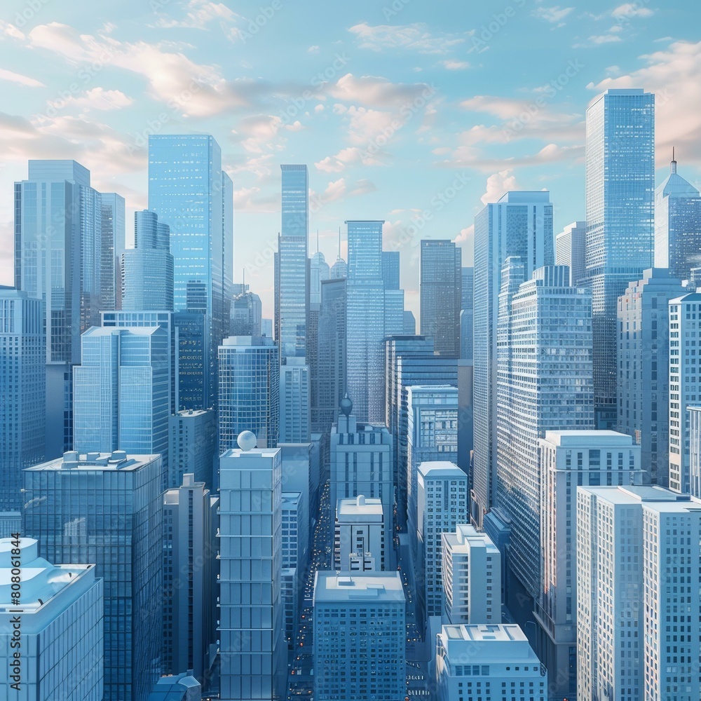 Blue cityscape with skyscrapers reaching towards the sky