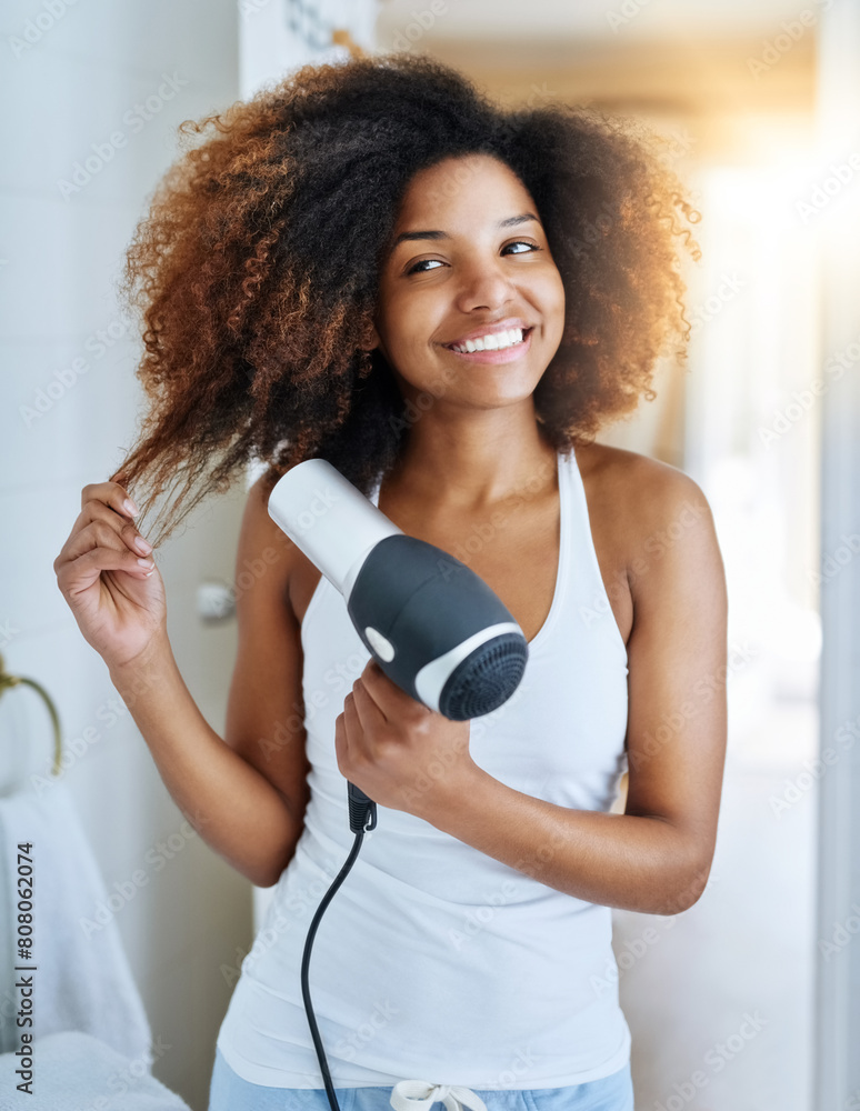 Girl, beauty and hair dryer for blowing in bathroom, heat treatment and electric appliance. Female person, cosmetics and tool for self care or curly hairstyle, grooming and confidence in dermatology Girl, beauty and hair dryer for blowing in bathroom, heat treatment and electric appliance. Female person, cosmetics and tool for self care or curly hairstyle, grooming and confidence in dermatology