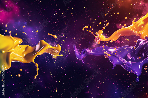 A surreal scene of floating paint splashes in a void, with colors ranging from deep purples to bright yellows,