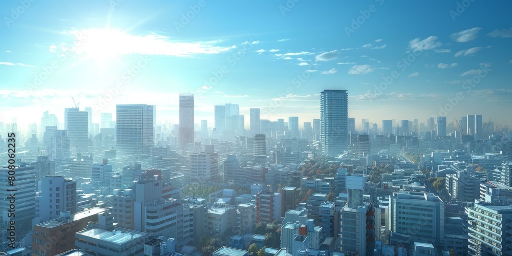 A cityscape of a large modern city with skyscrapers and a blue sky