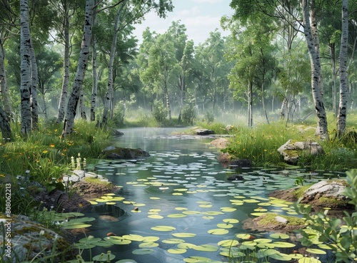 Misty Forest Lake with Green Trees and Lily Pads