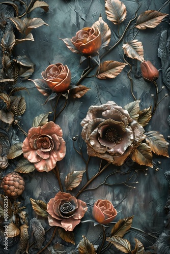 Exquisite copper flowers and leaves metal wall art