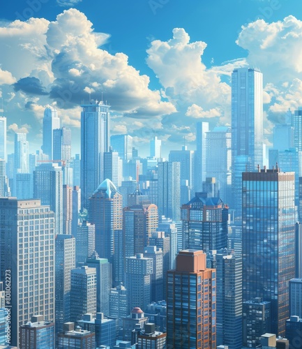 A cityscape of a modern city with skyscrapers and a blue sky