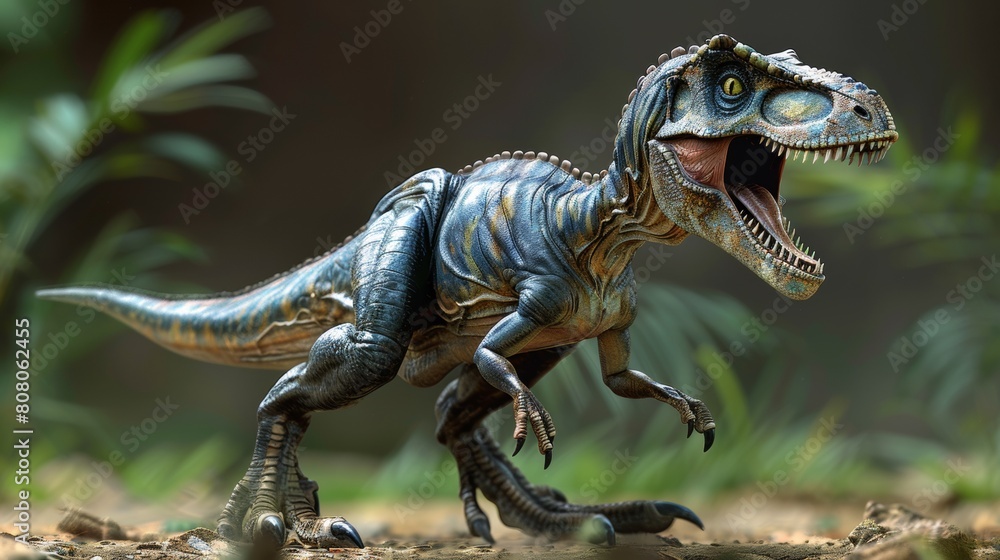 Obraz premium A close up of a dinosaur model with its mouth open, AI