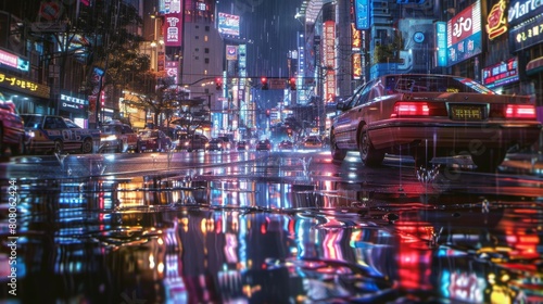A cityscape reflected in rain-soaked asphalt under the glow of neon signs, creating a sense of both melancholy and vibrant energy, emphasizing the contrast between the natural and the man-made.
