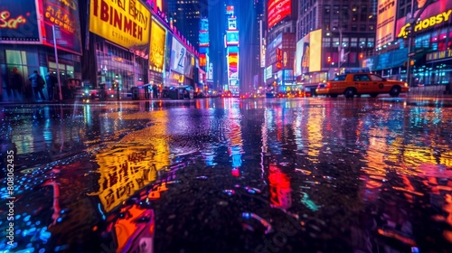 A cityscape reflected in rain-soaked asphalt under the glow of neon signs, creating a sense of both melancholy and vibrant energy, emphasizing the contrast between the natural and the man-made.