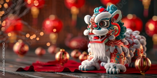 A blue and white Chinese lion statue with red lanterns in the background © duyina1990
