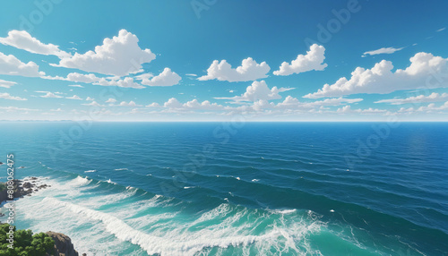 Animation-style illustration scenery of the vast sea and sky
