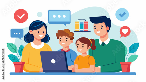 A family sitting around a computer screen looking at various online education options trying to determine which is the most costeffective.. Vector illustration
