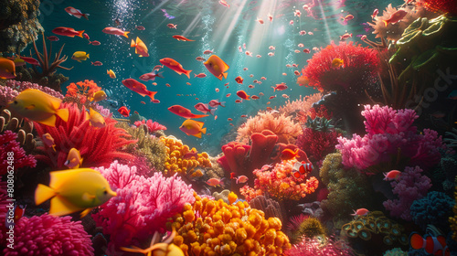 A vibrant coral reef teeming with exotic fish and otherworldly creatures  a mesmerizing underwater paradise. 