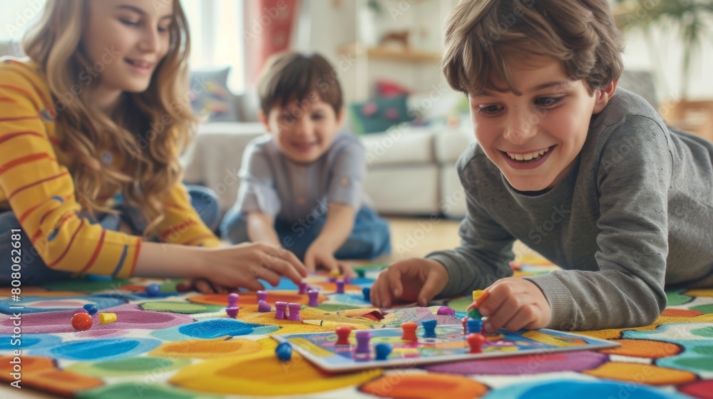 Children playing board games on a colorful rug in a playroom, family bonding