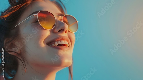 Close up shot of stylish young woman in sunglasses smiling against blue background Beautiful female model with copy space : Generative AI