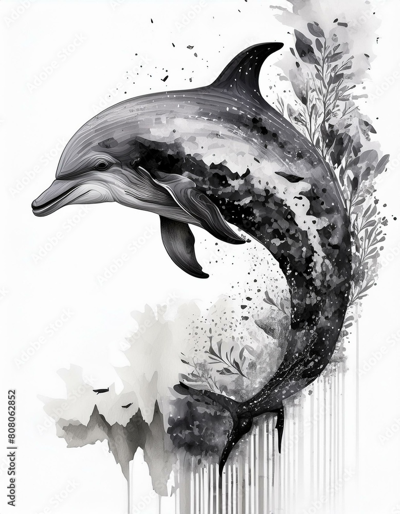 Silhouette de dauphin noir et blanc sur fond blanc Stock Illustration — free download