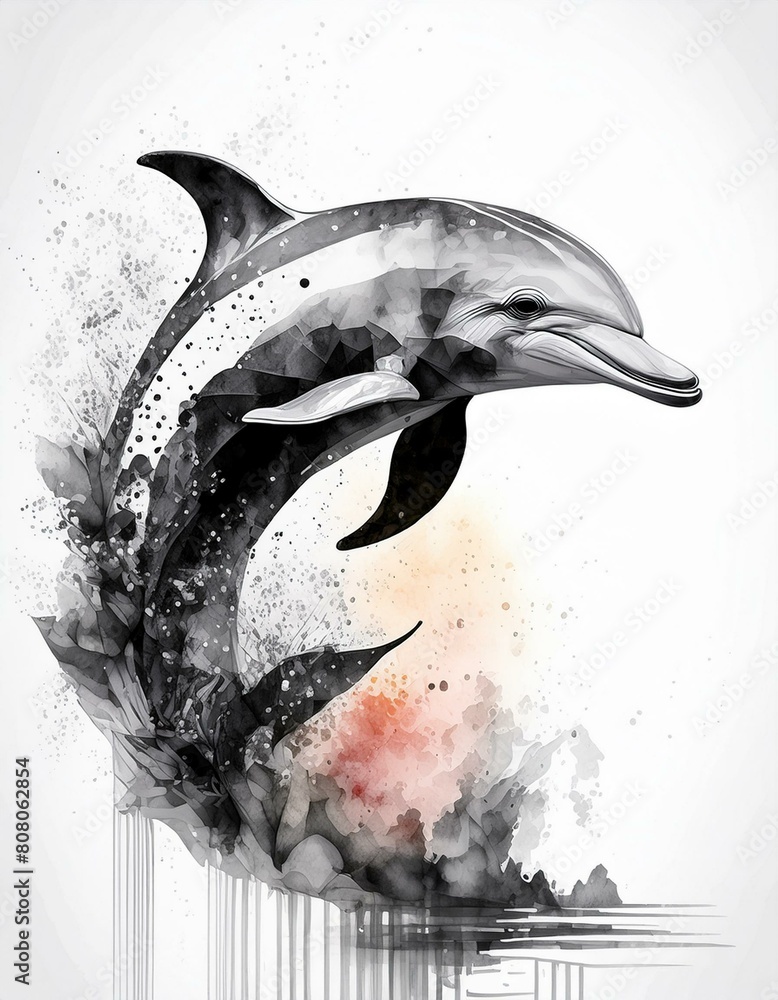 Silhouette de dauphin noir et blanc sur fond blanc Stock Illustration — free download