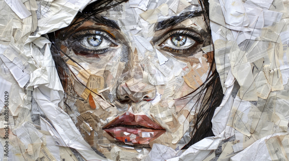 A painting depicting a womans face overlaid with torn paper, creating a unique mixed-media effect A painting depicting a womans face overlaid with torn paper, creating a unique mixed-media effect