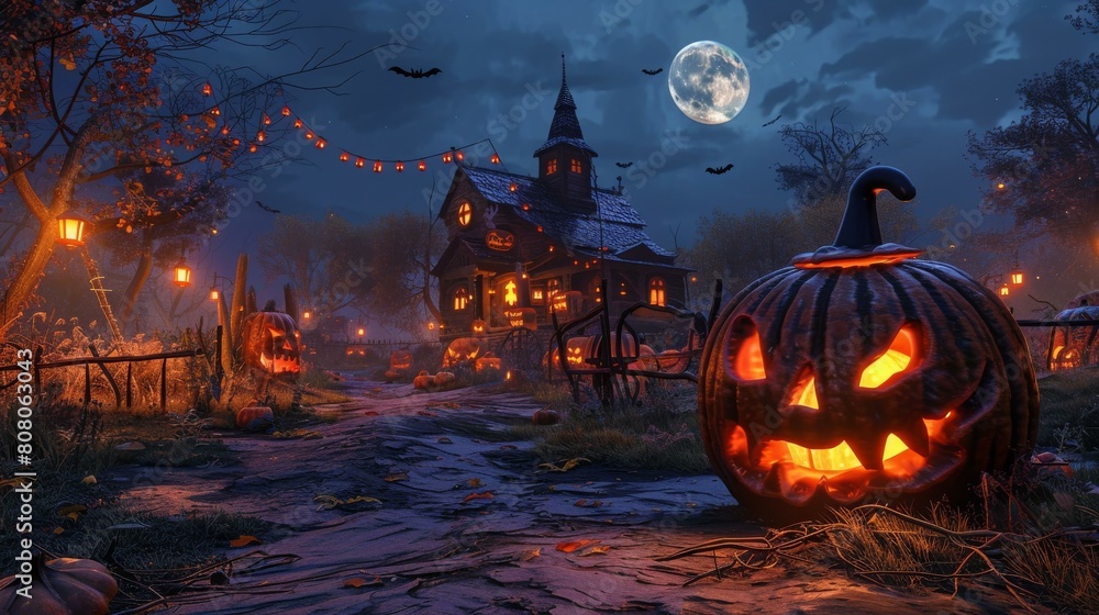 Spooky Halloween Night With Haunted House And Scary Pumpkins