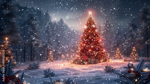 A beautiful winter scene with a snow-covered forest and a decorated Christmas tree.
