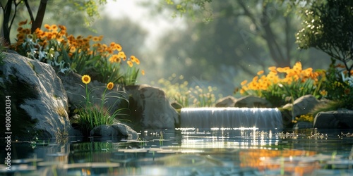 Small waterfall in the middle of a beautiful flower garden