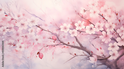 Create a watercolor background capturing the ethereal beauty of cherry blossoms in full bloom © Graphics Bar