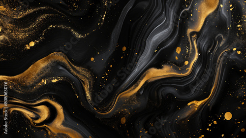 An abstract design with striking black texture and scattered golden spots resembling a starry night