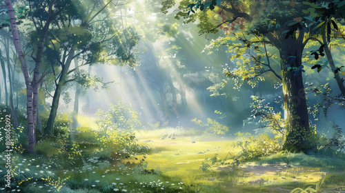 A painting depicting a forest scene with sunlight illuminating the trees  casting shadows on the forest floor