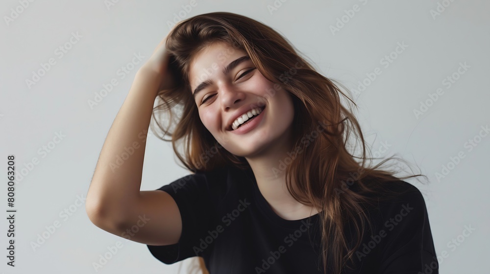 Portrait of a young happy woman smiling looking beautiful and elegant Looking in camera and sitting isolated on white background in a black tshirt touching her hair : Generative AI Portrait of a young happy woman smiling looking beautiful and elegant Looking in camera and sitting isolated on white background in a black tshirt touching her hair : Generative AI