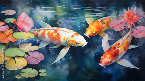 Create a watercolor background capturing the serene beauty of a Japanese koi pond