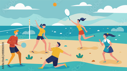As the tide rolls in a group of friends squeeze in a few more rounds of badminton on the wet sand.. Vector illustration