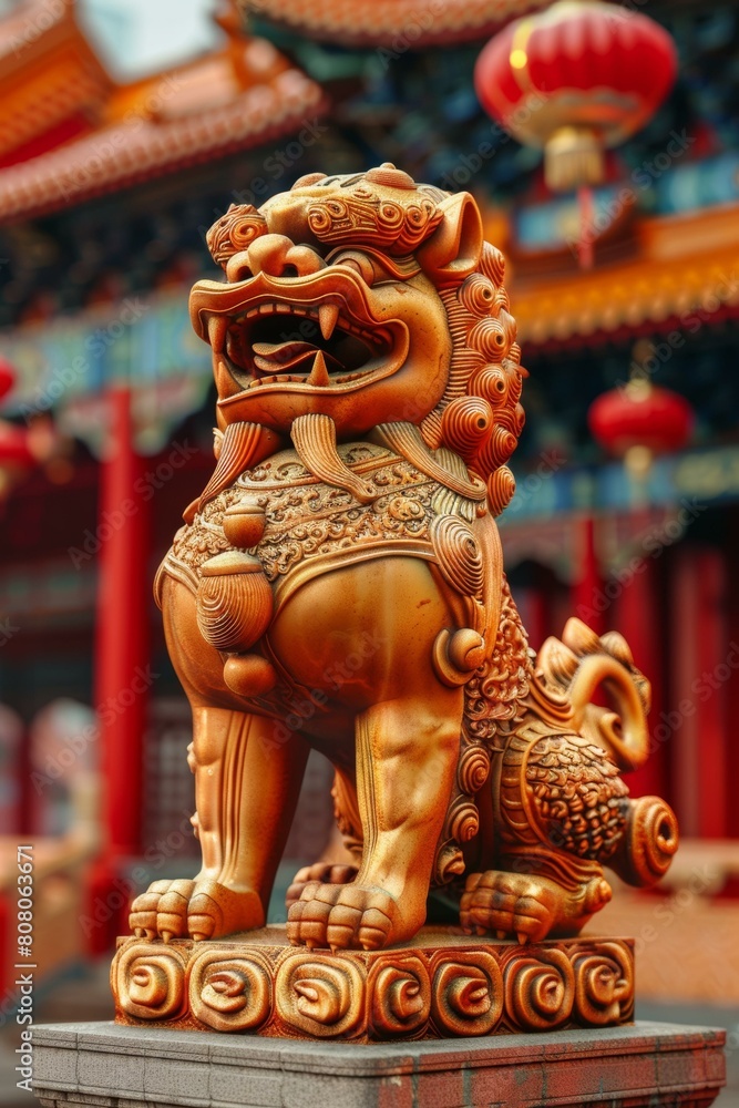 A golden lion statue with red lanterns in the background