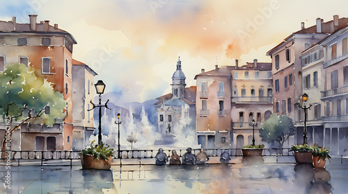 Create a watercolor background capturing the historic elegance of an Italian piazza in the early morning, before the crowds arrive photo