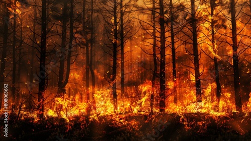 Close-up of flames engulfing trees in a forest  illustrating the intensity of a wildfire