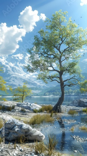 Fantasy landscape with a large tree in the foreground and mountains in the background photo