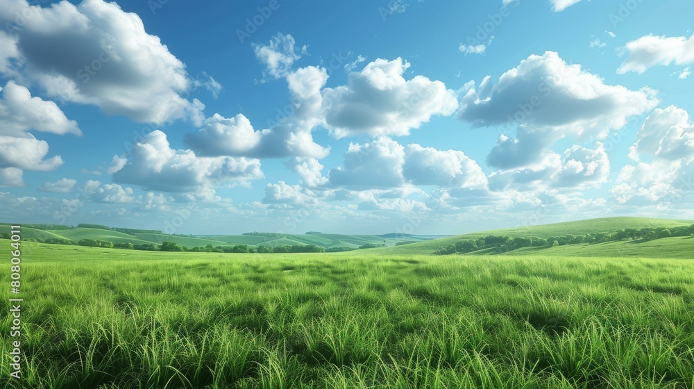 Green rolling hills under blue sky and white clouds Green rolling hills under blue sky and white clouds