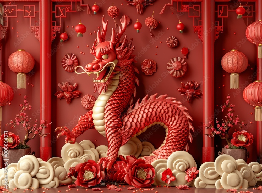 Fototapeta premium 3D rendering of a red dragon with red and gold decorations