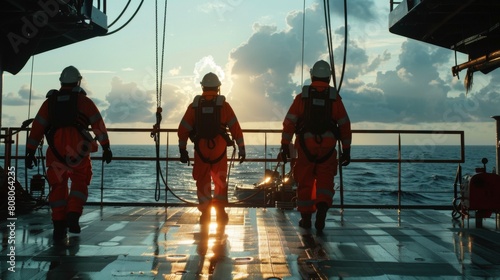 Crew members conducting safety drills on an offshore oil platform, prioritizing preparedness photo