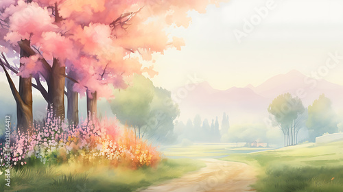 Create a watercolor background depicting a quiet country lane lined with wildflowers and tall trees in full bloom photo