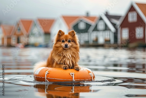 spitz dog sits on life preserver in water, houses in water