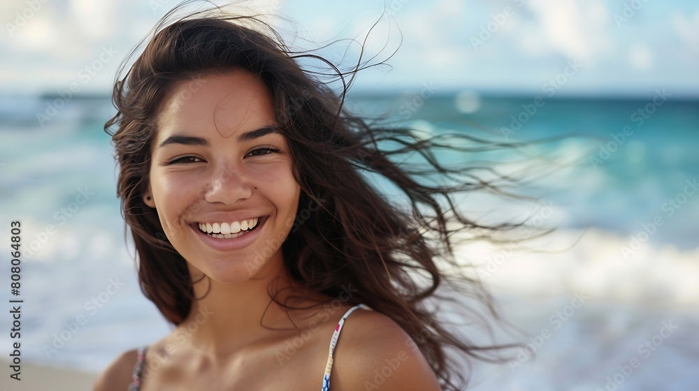 Portrait of young woman at sea looking at camera Smiling latin hispanic girl standing at the beach with copy space and looking at camera Happy mixed race girl in casual outfit with win : Generative AI Portrait of young woman at sea looking at camera Smiling latin hispanic girl standing at the beach with copy space and looking at camera Happy mixed race girl in casual outfit with win : Generative AI