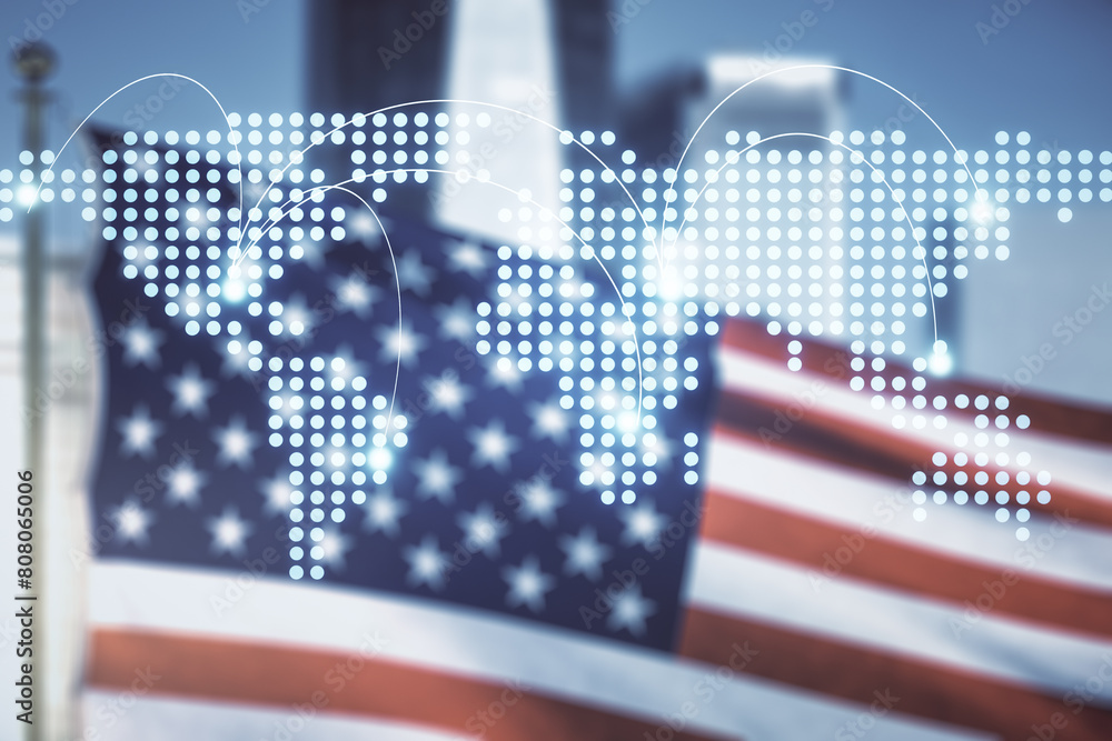 Fototapeta premium Double exposure of abstract digital world map hologram with connections on US flag and city background, big data and blockchain concept
