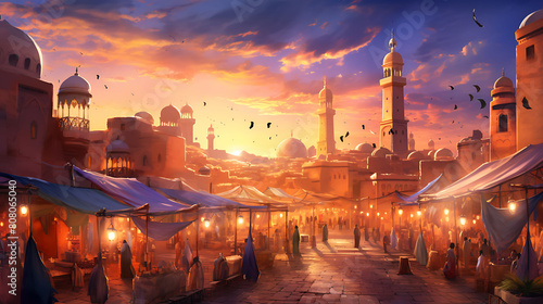 Create a watercolor background depicting a bustling Moroccan souk with spices, textiles, and lanterns under a sunset sky photo
