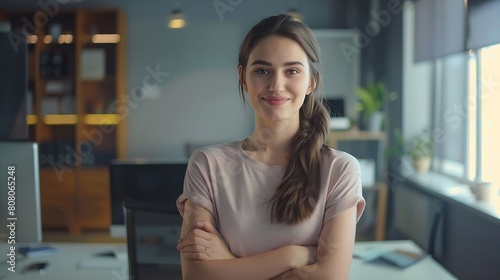 Portrait of young smiling woman looking at camera with crossed arms Happy girl standing in creative office Successful businesswoman standing in office with copy space : Generative AI Free Download Portrait of young smiling woman looking at camera with crossed arms Happy girl standing in creative office Successful businesswoman standing in office with copy space : Generative AI - GFXLoad