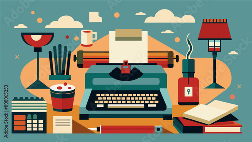 An artists retreat surrounded by a collection of refurbished typewriters a source of inspiration and authenticity.. Vector illustration